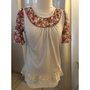 Axes Femme Floral Lace Yoke Top Mori Girl Cottagecore Fairy Kei Pink Roses Victo